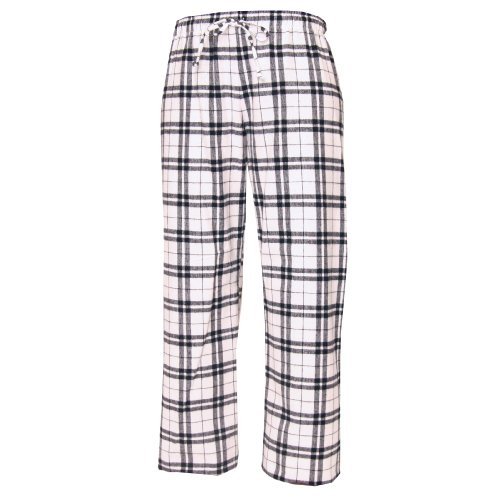 White and Black tartan plaid check tie cord flannel cotton pants for lounging, sleep, sports. Unisex relaxed fit, available in 5 Adult sizes