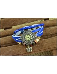 KANO BAK(TM) Vintage Wrap Around Leather Retro Weave Wrap Quartz Bracelet Woman Unisex Sunflower Butterfly Gift Watch Blue