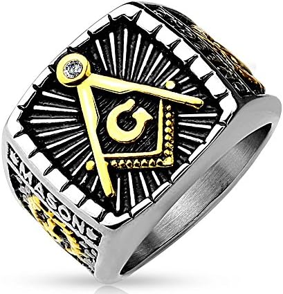 Stainless Steel Gold IP and Burnish 2-Tone Masonic Casted Ring with Ring Width of 9MM
