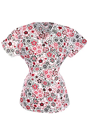 G Med Women's Printed Fashion Mock Wrap Scrub Top with Back Tie