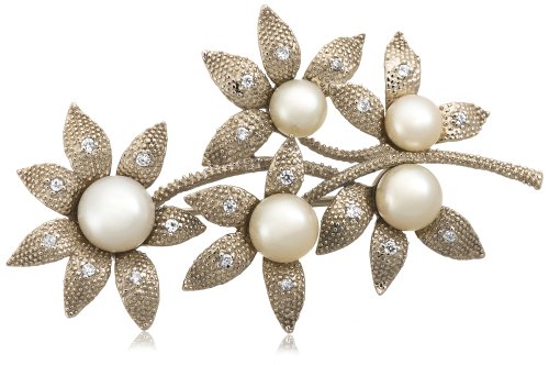 Sterling Silver White Freshwater Cultured Pearl and Cubic Zirconia Brooch