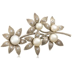 Sterling Silver White Freshwater Cultured Pearl and Cubic Zirconia Brooch by 