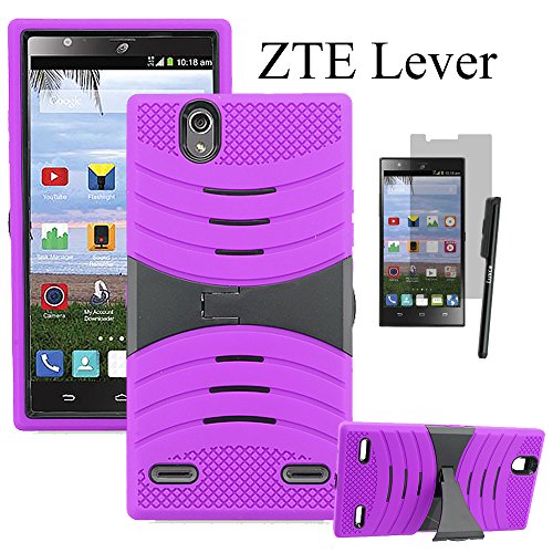 ZTE Lever LTE Case, LUXCA Shield [Heavy Duty] Hybrid Dual Layer Robust Defender Protective Case Cover with Kickstand for ZTE Lever LTE + Screen Protector + Stylus Pen (Purple U Std)