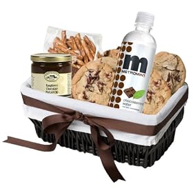 Geoff & Drew's Gift Basket of 6 Fresh Baked Chocolate Chunk Cookies, Pretzels, Chocolate Dipping Sauce & MetroMint Chocolate Mint Water