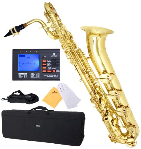 Mendini by Cecilio MBS-30L+92D Lacquer Yellow Brass Intermediate E Flat Baritone Saxophone with Tuner, Pro-Deluxe Case, Mouthpiece and Neck Strap On Sale