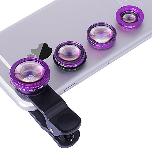 Evershop Universal 4 in 1 Lens Camera Phone Lens Kit Clip on Fish Eye Lens + 2 in 1 Macro Lens + Wide Angle Lens + CPL Lens Camera Lens Kit for Smart Phones (Purple)