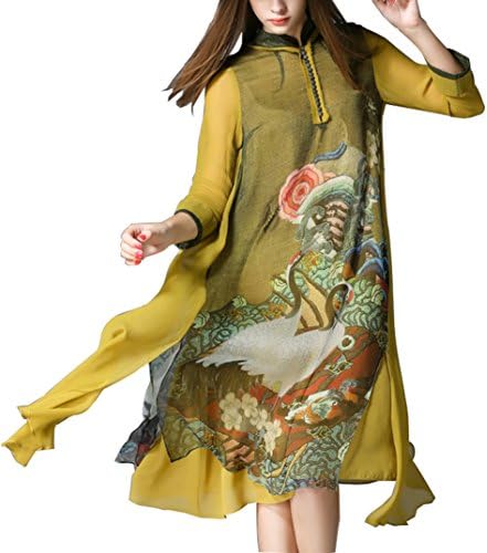 Women'S Elegant Loose Floral Print Stand collar 3/4 Sleeve Big Swing Silk Dress (L, yellow)