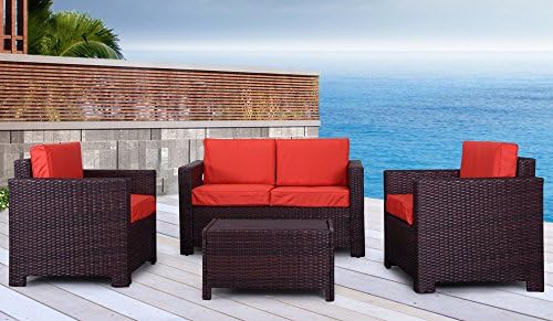 The Eden Rock Collection - 4 Pc Outdoor Rattan Wicker Sofa Sectional Patio Furniture Set. Choice of Set &amp; Cushion Color (Mixed Brown / Rust Cushions)