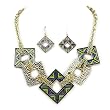 Gold Plated with Green Epoxy Square Statement Necklace and Earrings Set Fashion Jewelry