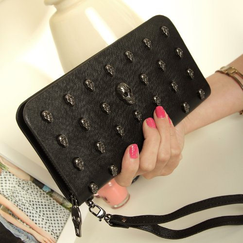 Women skull long zipper wristlet pu leather wallet purs…
