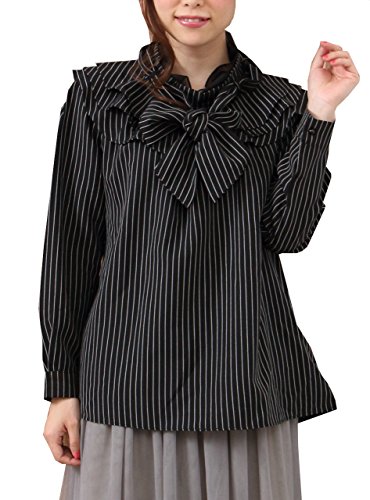 (Goldjapan)ゴールドジャパン 大きいサイズ 大きいサイズ レディース とろみ フリル ハイネック ストライプ トップス プルオーバー シャツ 長袖 体型カバー