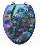 Elongated Violet 3D Toilet Seat with Fish in the Sea; Chromed Metal Hinges