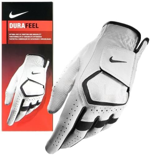 Nike Dura Feel Men's Synthetic Leather Golf Glove - Style: GG0421, Color: White with Black Trim, Reg - Left, Size: M