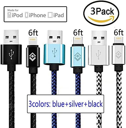 Lightning Cable, 3packs 6ft/2m USB Cable Nylon Braided Tangle-free High Speed Data Sync Charger Cord with Aluminum Connector for Apple iPhone 6/6s/5/5s/5c Plus iPad iPod iPad Air Mini (three color)