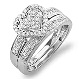 10k White Gold Round Diamond Ladies Bridal Heart Shape Ring Engagement Set Matching Band 1/2 CT (0.50 cttw, H-I Color, I1-I2 Clarity)