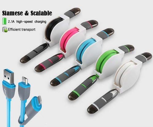 2 in 1 Retractable Micro usb + 8pin USB Sync Data Charger Cable for iPhone 5s 6 plus ipad 4 5 For Samsung S4 S5 S6 for Android (White)
