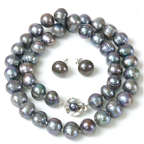 Pearl Freshwater Cultured Potato Black Necklace 9.5-10.0mm 17 and Stud Earring 9.5-10.0 mm Gift Set