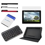 GTMax Black Premium Leather Multi-Angle Rotating Folio Cover Case with Built-in Stand + LCD Screen Protector + Black Bluetooth Wireless Mini Keyboard + 3 Colors Universal Stylus + Mini Brush for Asus TF201 10.1-Inch Eee Pad Transformer Prime Tablet