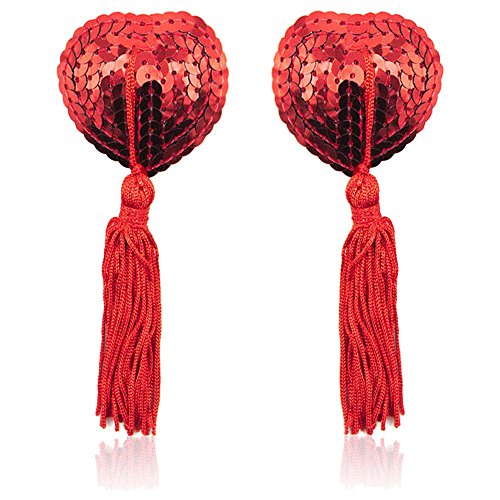 Reusable Sexy Silicone Bling Charming Adhesive Nipple Cover Pasties Bra(1pair) (Heart shaped Sequined tassels-Red)
