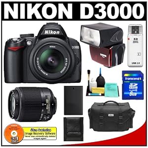 Nikon D3000 10MP Digital SLR Camera with 18-55mm f/3.5-5.6G AF-S DX VR Nikkor Zoom Lens & 55-200mm DX Zoom Lens with Sunpak PF30X Flash + 8GB Card + EN-EL9a Battery + Nikon Gadget Bag + Accessory Kit