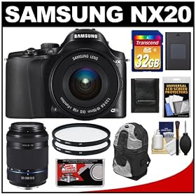 Samsung NX20 Smart Wi-Fi Digital Camera Body & 18-55mm Lens (Black) with 50-200mm Lens + 32GB Card + Backpack Case + Battery + 2 Filters + Accessory Kit