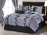 7 Pieces Grey and Black Embroidery Floral Comforter 90" X 92" bed-in-a-bag  ....