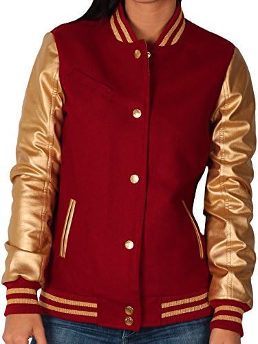 Sportier Junior Wool Blend Varsity Jacket With Faux Leather Sleeves, Red/Gold, Size Large