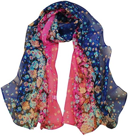 Aven Women Fashionable Floral Style Patchwork Chiffon Long Scarf Shawl Wrap Color Pink&amp;Navy Blue