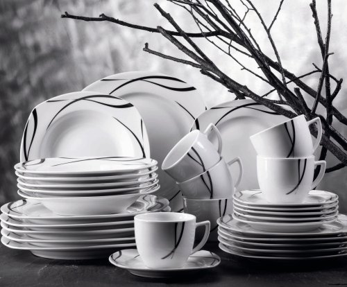 Domestic 920463 Oslo Porzellan Kombiservice 30-teilig mit je 6 Tassen, Untertassen, Dessertteller,Teller tief, Teller flach