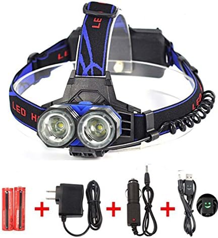 WannaBi 5000 Lumens Dual T6 Beam Led Headlamp Flashlight, 4 Modes Strobe SOS Light Headlight Torch, USB Rechargeable 18650 Batteries Power Bank Head Lamp for Hiking Camping Climbing Fishing + Charger