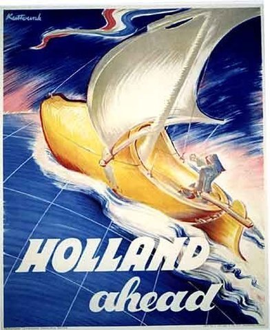 1930's Original Vintage Dutch 'Holland Ahead' Sailing Sailboat Wooden Shoe Antique Advertising Travel Poster