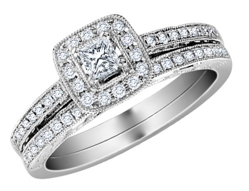 Princess Cut Diamond Engagement Ring & Wedding Band Set 1/2 Carat (ctw) in 14K White Gold (Certified)
