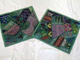2 MOTI INDIAN BEADED GREEN THROW PILLOWS CUSHION COVER