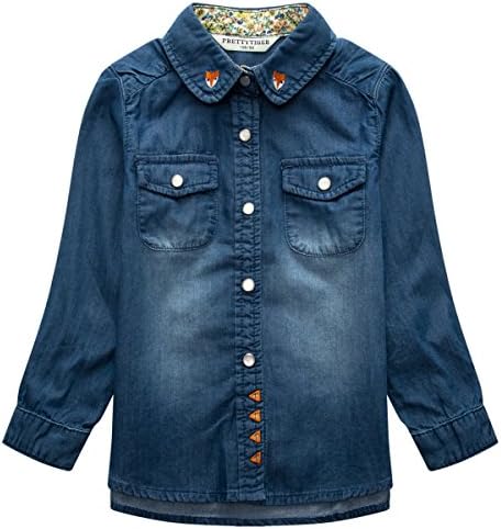 Pretty Tiger Little Girls Long Sleeve Denim Classic Shirt Children Top 10-12 Blue