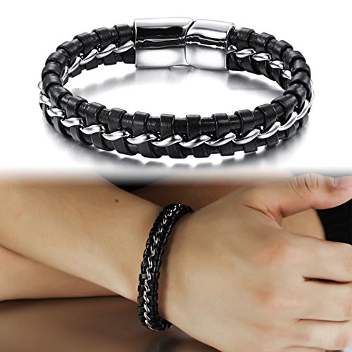 A Blues Man Magnetic Buckle Stainless Steel Genuine Leather Rope Bracelet Braided Cuff Bangle Silver Black