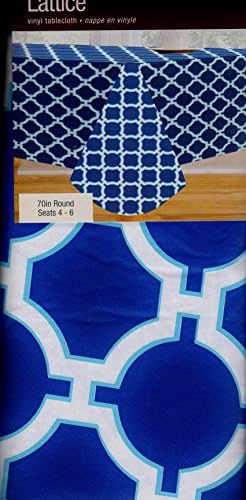 Vinyl Tablecloth - Lattice Blue White - 70 Inches Round