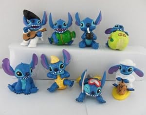 Disney Lilo and Stitch Play Set Featuring 6 Stitch Figures Includes Scuba Stitch, Elvis Stitch, Safari Camel Riding Stitch, Coconut Sipping Stitch, Apple Eating Stitch, Stitch as a Peanut, Stitch as a Dog, and Stitch with Candy