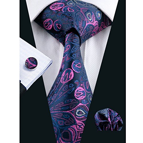 Hi-Tie Mens Purple Striped Solid Plaid Paisley Silk Tie Hanky Cufflinks set