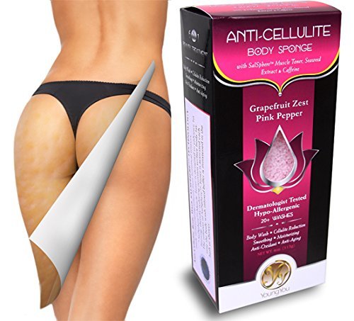 Dry Skin Brushing Exfoliating Cellulite Reduction Sponge Scrubber. Infused with anti-cellulite cream Seaweed Extract and Caffeine for Effective Cellulite Reduction and Skin Firming.