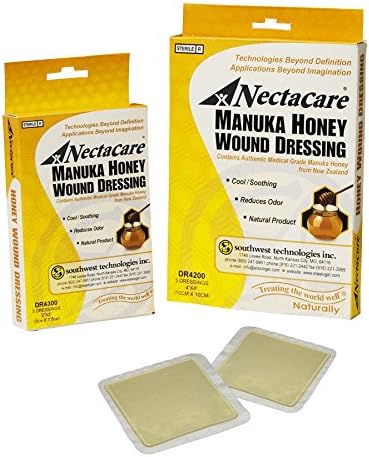 NectacareTM Manuka Honey Wound Dressing 4 in x 4 in size. One pack of 5 dressings