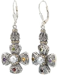 925 Silver, Freshwater Pearl & Multi-Stone Cross Earrings with 18k Gold Accents