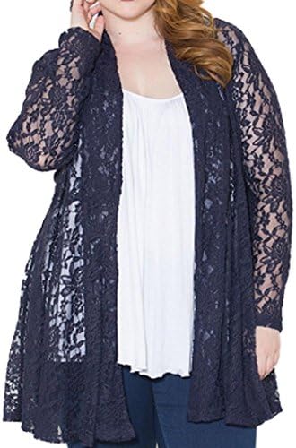 Lady All Over Floral Lace Hollow Coat Cardigan Blouse Top Jacket Oversize (2XL, Navy)