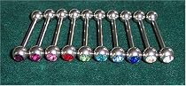 Body Colorz&trade; Lot of 10 Jeweled Gem Barbell Tongue Rings 14g 5/8"