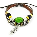 Real Spark Womens Teen Girls Tribal Beads Leaf Pendant Apple Green Gemstone Leather Wrap Bracelet