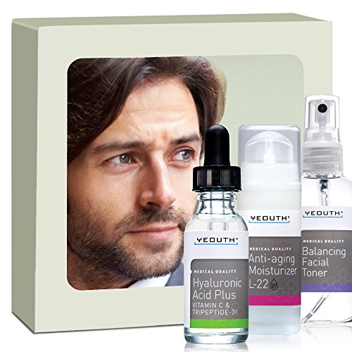Men's Best Anti-Aging 3 Pack Skin Care System by YEOUTH, Professional Grade Hyaluronic Acid Plus, Patented L22 Facial Moisturizer, and Balancing Facial Toner - You will love it or your money back!