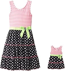 Girls Cotton/Polyester Tiered Striped Print Polka Dot Print  Dress With a Ribbon 