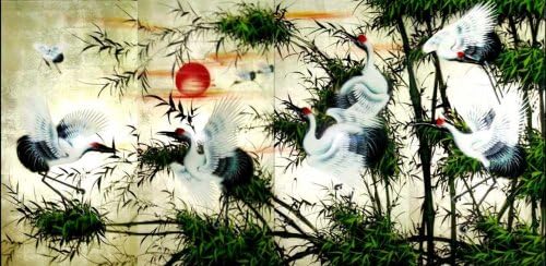 Vietnamese Lacquer Paintings - 24" x 48" White Cranes and the Red Sun - LPSC12