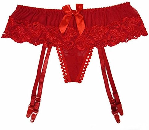 Umila® Women's Sexy Lingerie Set Lace Garter Belt G-string Stockings 3pcs Set (One Size, Red)