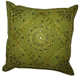 Delightful Home Decor Rajrang Golden Embroidery & Mirror Work Green Color Cotton Cushion Cover Throw Pillow Cover Comforter Set India (Size 16 X 16) (5 Pcs)