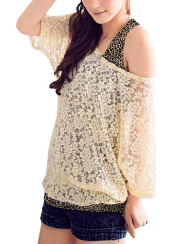 Allegra K Women Scoop Neck Mid Sleeve Sheer Shirt w Leopard Print Tank Top